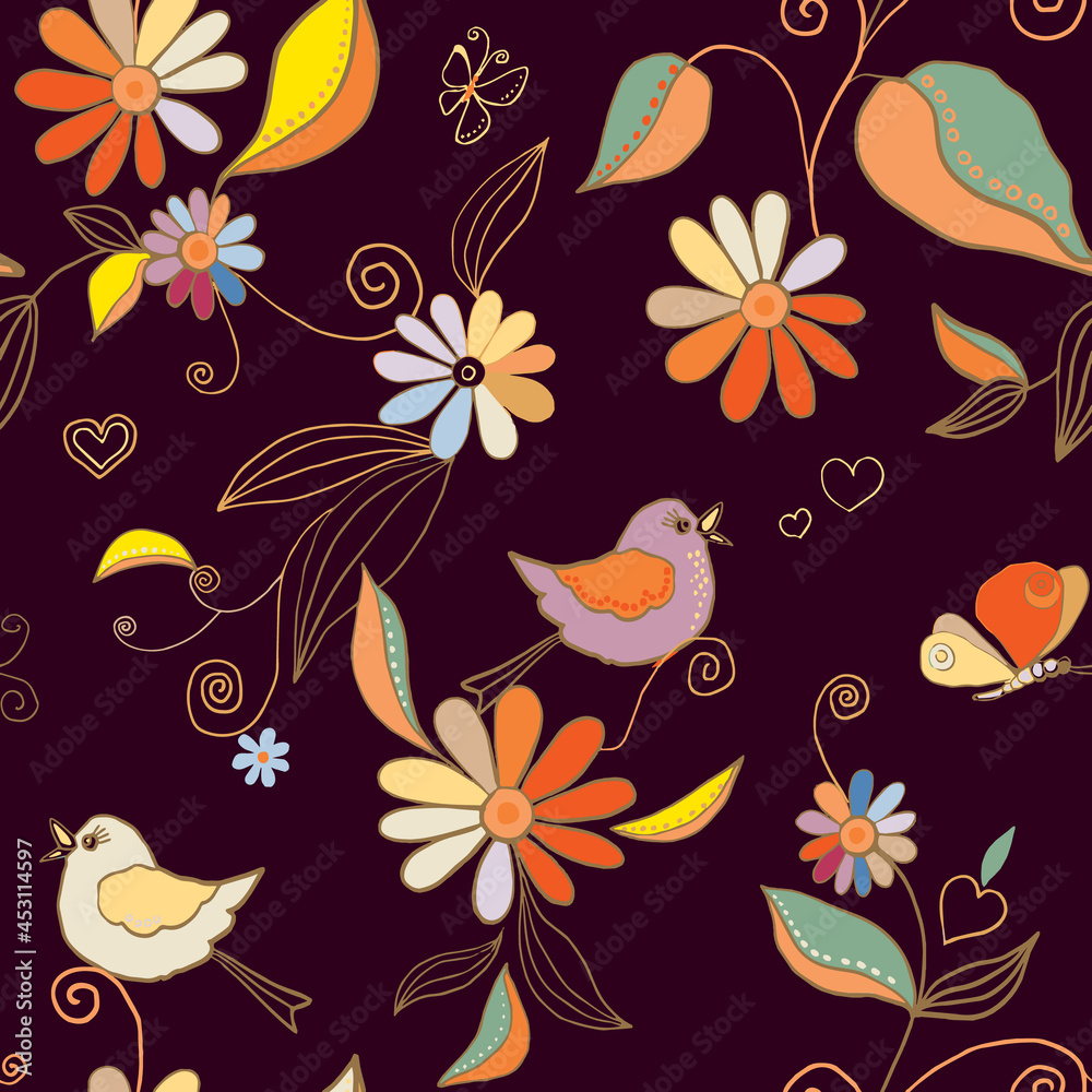 Seamless pattern with birds, butterflies, anemones, wild flowers and rainbow colors. Small flowers in vintage watercolor and line art style. Tropical, exotic floral vector bright illustration
