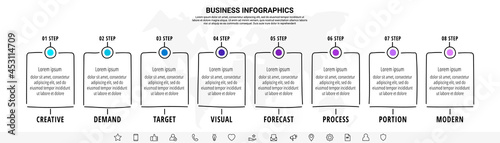 Hand-drawn vector line infographics with eight rectangles and icons. Flat chart process template with 8 steps. Modern timeline for business project, presentation, web, diagram, content