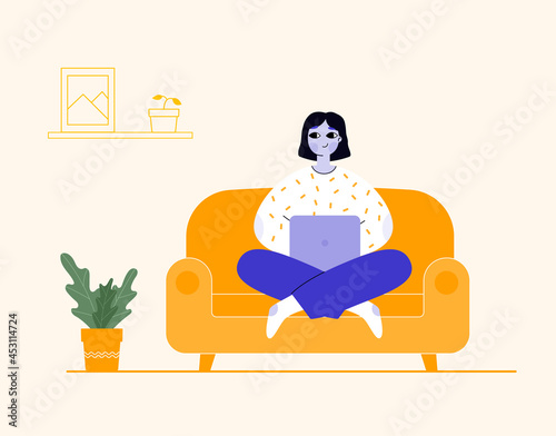 Girl with laptop sitting on sofa.  Working, freelancing, studying,  work from home concept vector illustration.