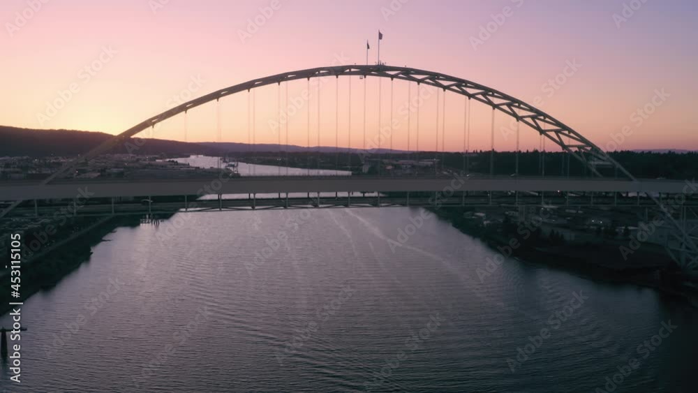 Aerial: Traffic on the Fremont Bridge crossing the Willamette River, Portland, USA Aerial: Traffic on the Fremont Bridge crossing the Willamette River, Portland, USA