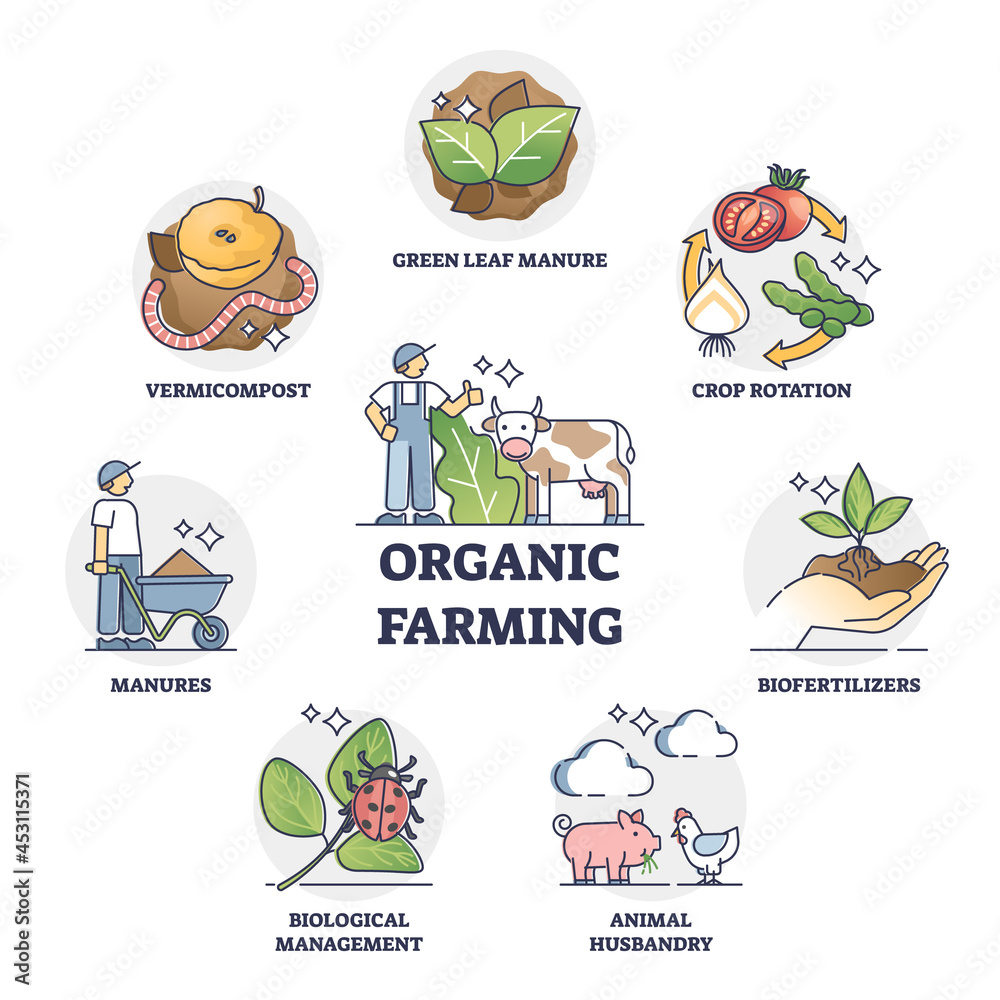 Organic farming and sustainable harvesting method outline collection set. Labeled educational list with environmentally friendly and green crops plant growing and animal husbandry vector illustration. Organic farming and sustainable harvesting method outline collection set. Labeled educational list with environmentally friendly and green crops plant growing and animal husbandry vector illustration.