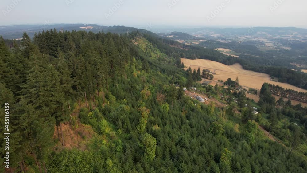 Aerial view decending below the tree tops along a wooded ridge Aerial view decending below the tree tops along a wooded ridge
