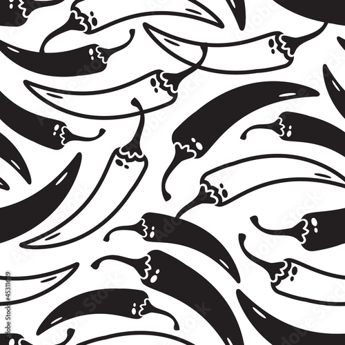 Chili pepper vector seamless pattern, cayenne hot spicy print, line and flat vegetables isolated on white background. Kitchen illustration