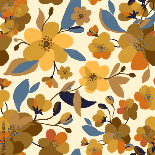Vector seamless autumn flower pattern with yellow bouquets, branches, leaves, buds. Botanical ornamental flowering plant pattern. Drawn colorful endless background, print