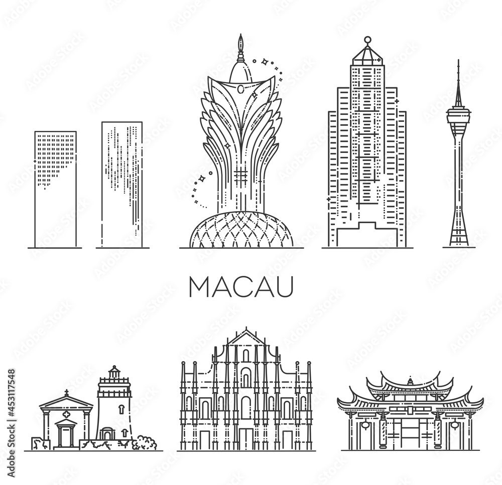 Vector illustration. Macau architecture line skyline illustration. Linear vector cityscape with famous landmarks