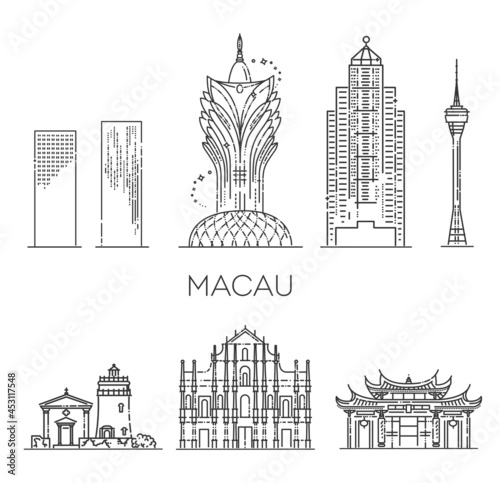 Vector illustration. Macau architecture line skyline illustration. Linear vector cityscape with famous landmarks