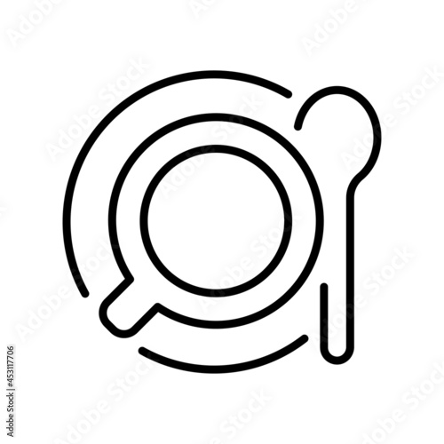 Linear simple coffee cup top view icon vector illustration. Monochrome mug with saucer and spoon