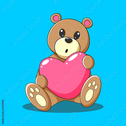 Сute teddy bear with big pink heart on blue background
