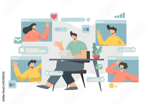 business concept illustration Vector image of a communication scene with men and women participating in business activities.