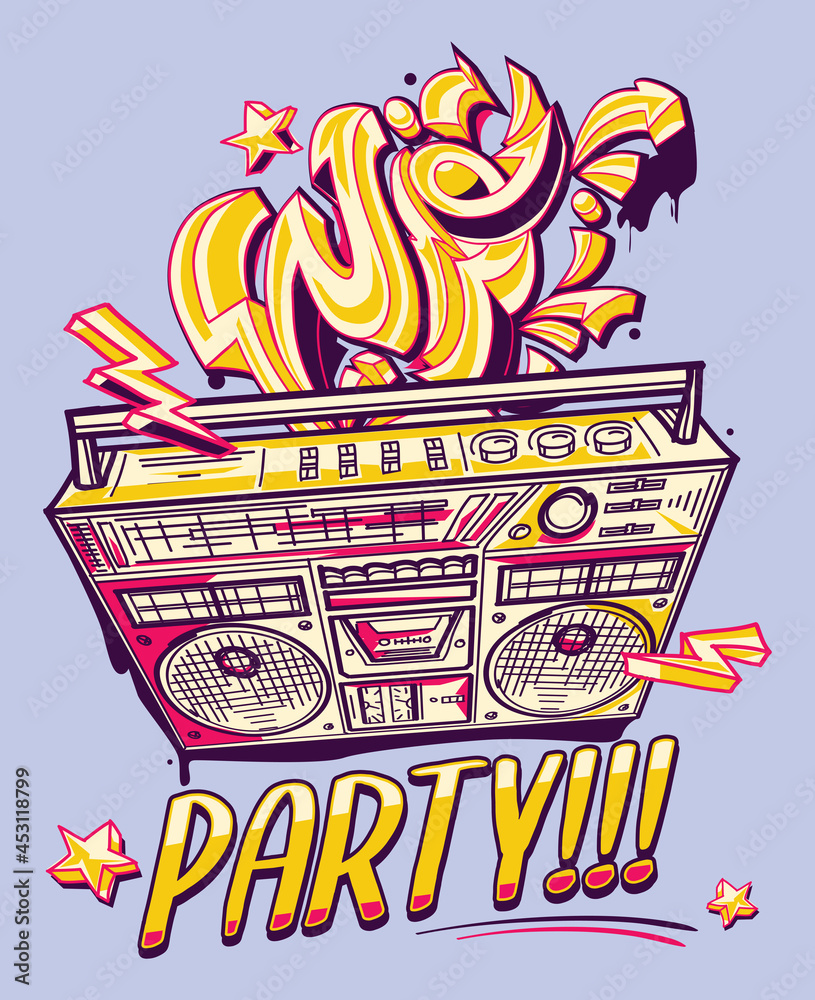 Fototapeta premium Party - funky colorful music design, boombox and graffiti arrows
