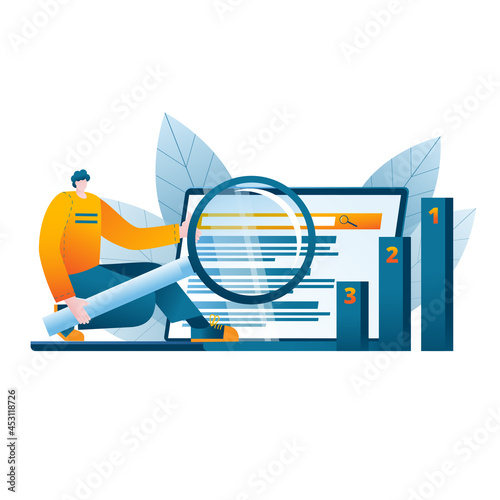 A man uses a magnifying glass to view and analyze the search results of sites. Vector illustration on the topic of SEO and website promotion on the Internet.
