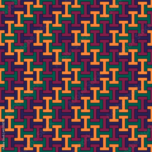 Seamless pattern. Ethnic backdrop. Sayagata vector. Mosaic tiles. Folk wallpaper. Tribal ornament. Geometric image. Ethnical motif. Surface texture. Textile print. Abstract background.