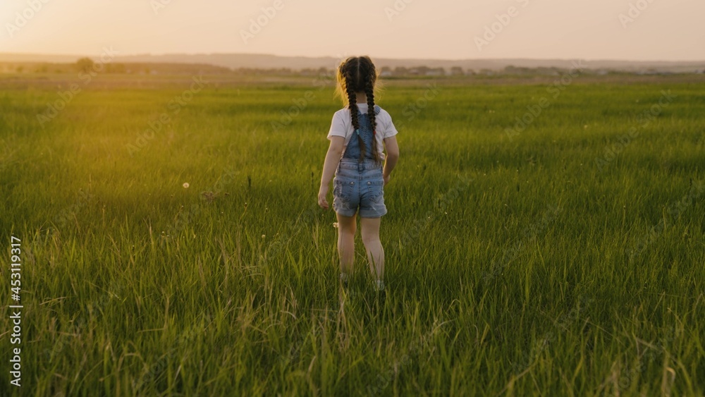 Happy child, girl runs on green grass in park, collects flowers on field, kid smiles. Happy family walking in park in summer, spring. A chidhood dream. Daughter is playing outdoors. Carefree childhood
