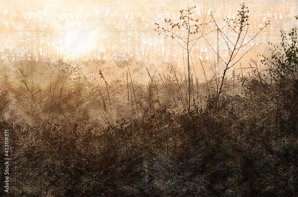 Obraz premium Autumn dawn over a field of dry grasses. Wild grasses with dewdrops. Foggy autumn morning. Digital watercolor painting.