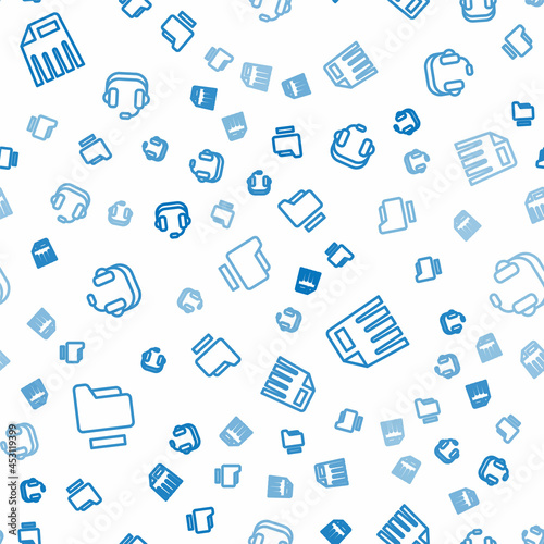 Set line Document folder, Paper shredder and Headphones on seamless pattern. Vector