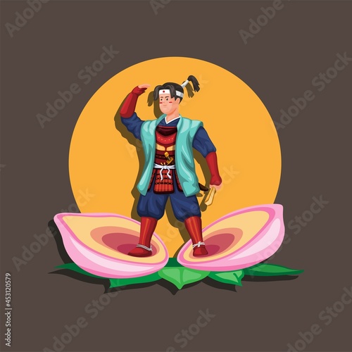 Momotarō is a popular hero of Japanese folklore. His name translates as Peach Tarō. figure character illustration vector photo