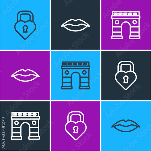 Set line Castle in the shape of heart, Triumphal Arch and Smiling lips icon. Vector