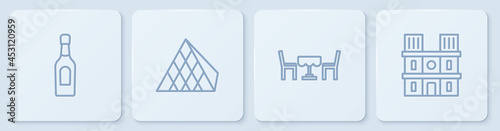 Set line Champagne bottle, French cafe, Louvre glass pyramid and Notre Dame de Paris. White square button. Vector