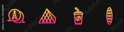 Set line Coffee cup to go, Eiffel tower, Louvre glass pyramid and French baguette bread. Glowing neon icon. Vector