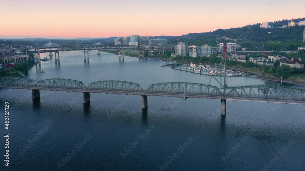 Aerial: Hawthorne Bridge over the Willamette River and downtown Portland, Oregon, USA Aerial: Hawthorne Bridge over the Willamette River and downtown Portland, Oregon, USA