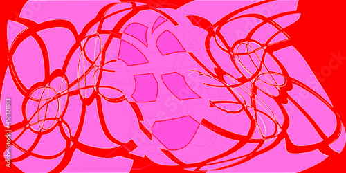 Creative colorful minimalist contemporary art illustration, wall decoration, postcards, album, brochure cover design. Playful composition of abstract shapes and curves. Pink and red colored print.