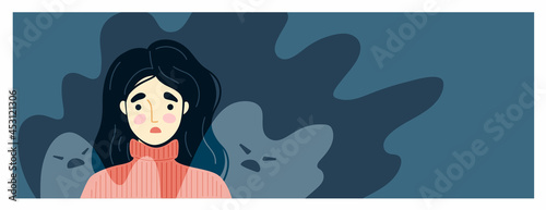 Nightmare concept. Frightened, scared awake young woman, suffering from insomnia and surrounded by imaginary ghosts flying around her. Sleeping disorder. Vector hand-drawn illustration