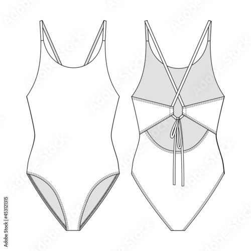 Fashion technical drawing of a one-piece swimsuit with ties