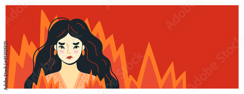 Angry furious woman surrounded by fire. Overworked person on the verge of psychological breakdown. Uncontrollable anger concept. Vector hand-drawn illustration