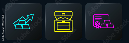 Set line Growth arrow with gold bars, Gold certificate and Antique treasure chest. Black square button. Vector