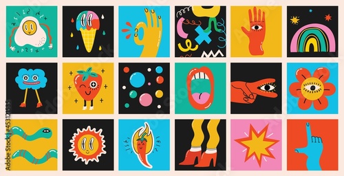 Big Set of Different colored Vector illustartions in Cartoon Flat design. Hand drawn Abstract shapes, funny cute