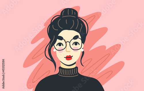 Happy confident woman. Cartoon portrait and avatar of young woman. Flat hand-drawn vector illustration