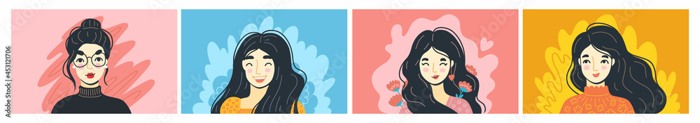Mental health, happiness and wellness concepts. Portraits of confident and happy women and girls. Positive thinking and joy. Vector cartoon characters Mental health, happiness and wellness concepts. Portraits of confident and happy women and girls. Positive thinking and joy. Vector cartoon characters