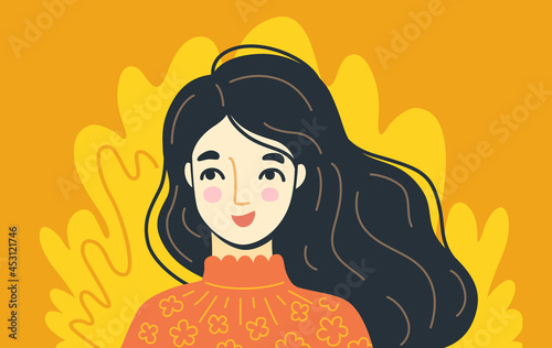 Portrait of happy woman. Bright positive emotion, joy. Mental health and happiness. Flat vector illustraiton