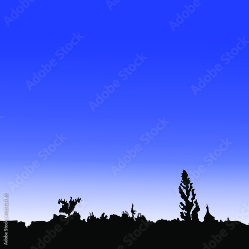 landscape with trees. silhouette of trees and buildings with a background of bright blue sky with copy space