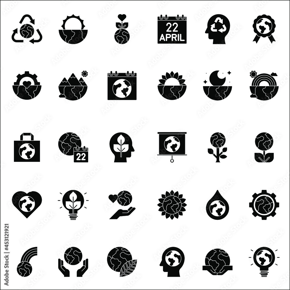 Black and white Earth Day flat icon collection set Black and white Earth Day flat icon collection set