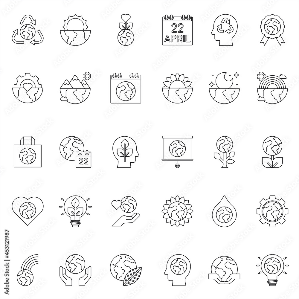 Outline Earth Day flat icon collection set