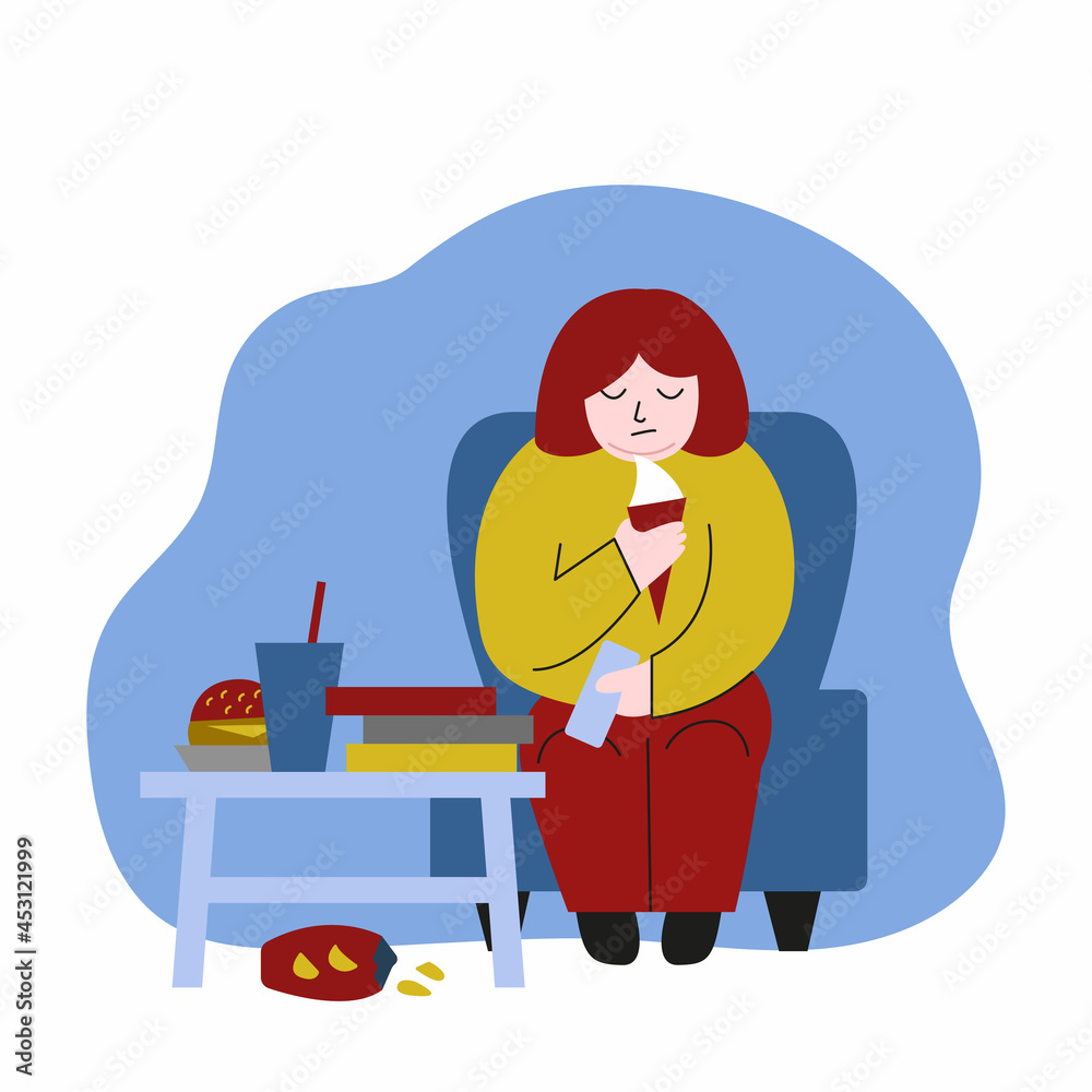 Overeating, depression, and eating disorder. Fat woman sitting in front of the tv and eating fast food. Vector flat illustration