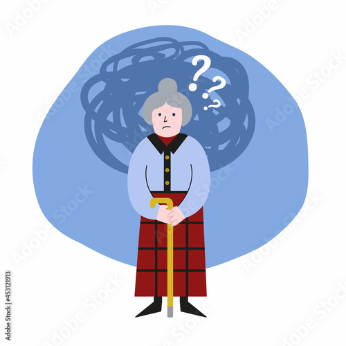 Old woman with mental disorder, alzheimer. Senile dementia. Metaphor of loss of short-term memory. Thinking cloud with questions