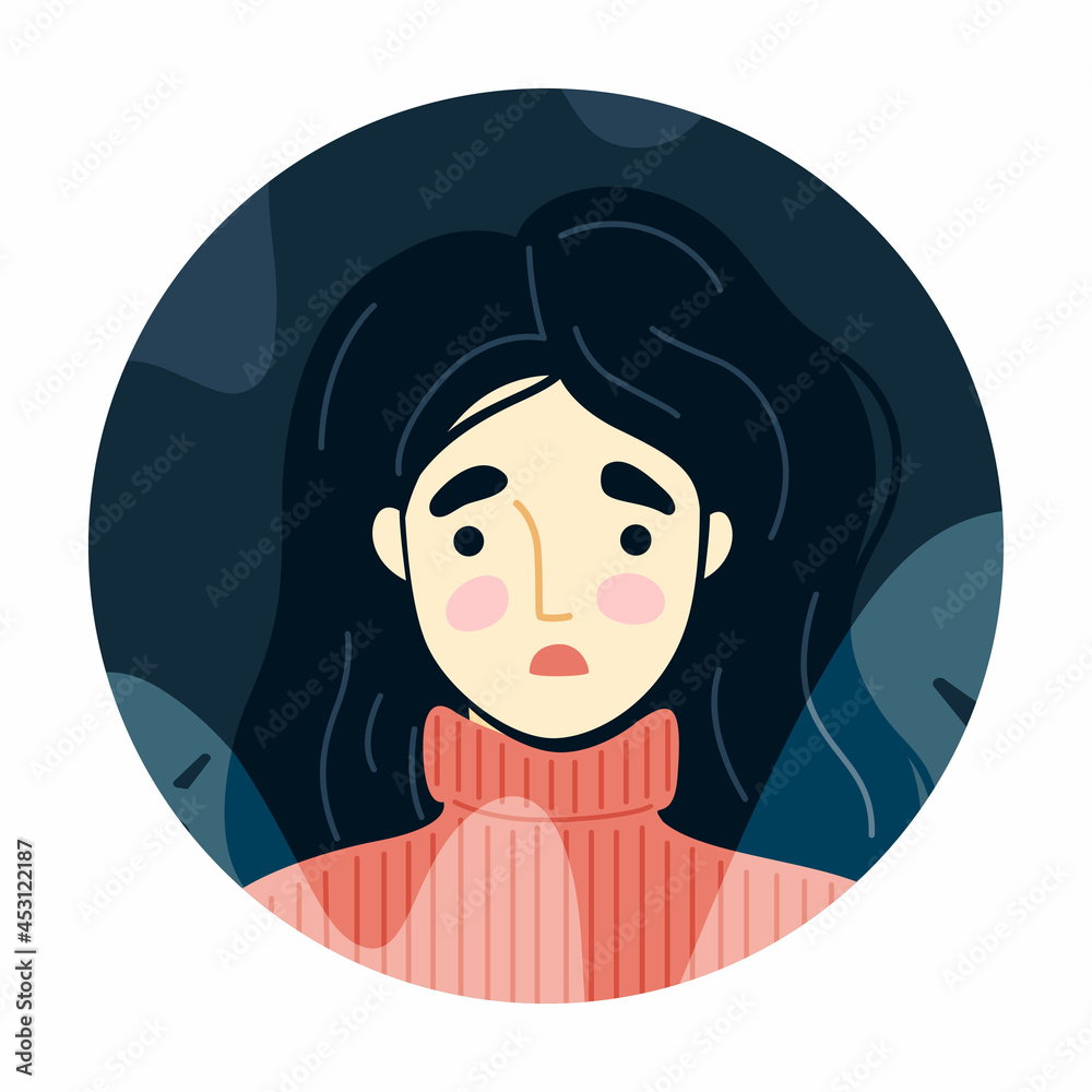 Frightened, scared young woman surrounded by imaginary ghosts flying around her. Panic attack, fears, paranoia and sleeping disorder. Vector hand-drawn illustration Frightened, scared young woman surrounded by imaginary ghosts flying around her. Panic attack, fears, paranoia and sleeping disorder. Vector hand-drawn illustration