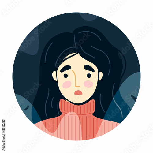Frightened, scared young woman surrounded by imaginary ghosts flying around her. Panic attack, fears, paranoia and sleeping disorder. Vector hand-drawn illustration