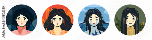 Set of woman with depression, anxiety, anger and apathy. Mental disorders, negative emotions and psychological states. Round flat vector illustrations