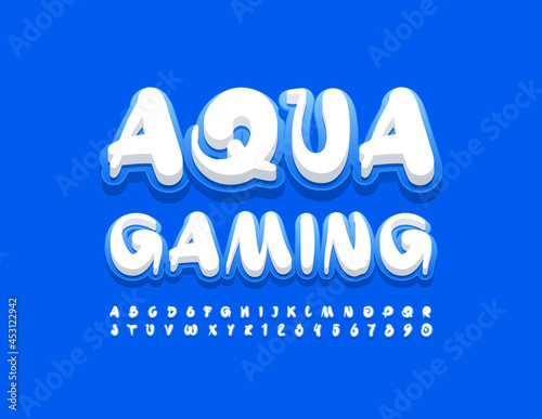 Vector bright banner Aqua Gaming. Modern creative Font. Handwritten Alphabet Letters and Numbers set