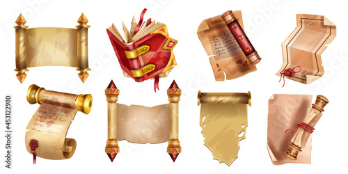 Old parchment paper icon set, vector ancient papyrus manuscript illustration, antique vintage roll on white. Medieval magic open red book, empty rolled letter, royal scroll game element. Old parchment