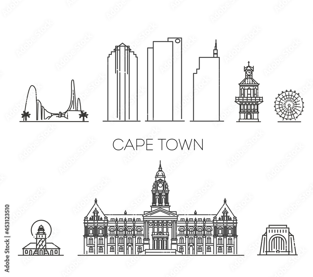 Obraz premium Cape Town, architecture line skyline illustration. Linear vector cityscape with famous landmarks
