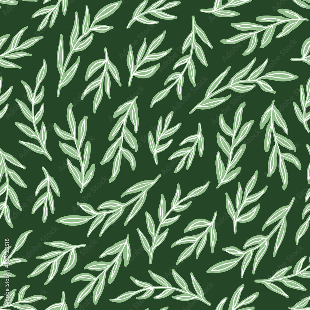 Green leaves artwork seamless repeat pattern. Random placed, vector botany elements all over surface print on green background.