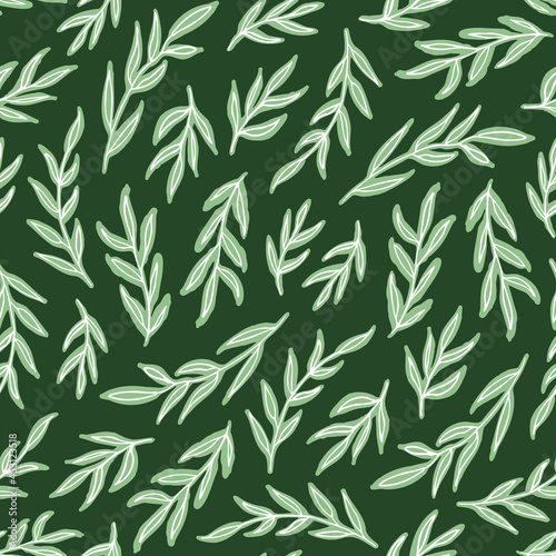 Green leaves artwork seamless repeat pattern. Random placed, vector botany elements all over surface print on green background.