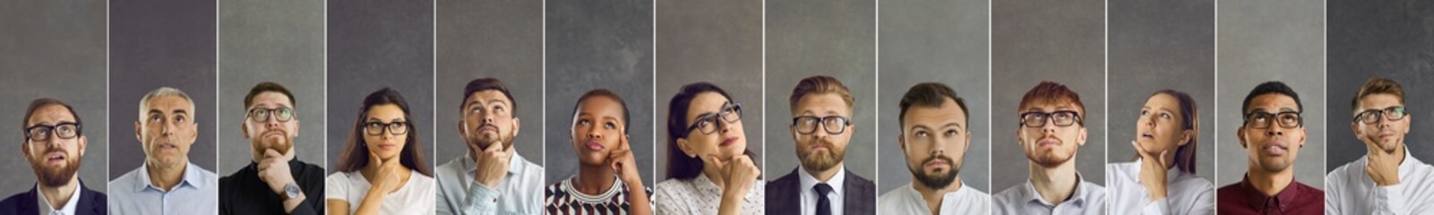 Group of diverse multi cultural black and Caucasian people thinking. Confused doubting multiracial males and females rethinking alternative decision. Studio headshot pictures collage horizontal banner