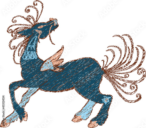 Fototapeta Naklejka Na Ścianę i Meble -  Vector scribble drawing of fairy tale winged blue horse