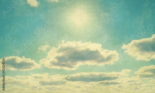 View of beautiful sky with clouds. Retro style filter