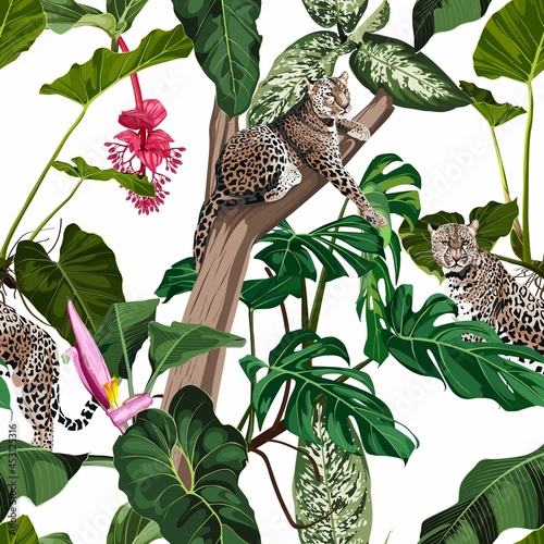 Seamless pattern with exotic trees, plants, flowers and leopard jaguar animals on white background.	